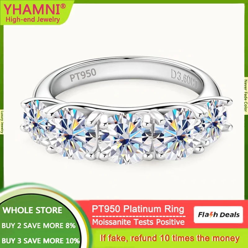 Luxury PT950 Platinum Total 3.6 Carat All 5pcs 1 Carat Diamonds Moissanite Rings for Women Bride Wedding Band Gift Jewelry