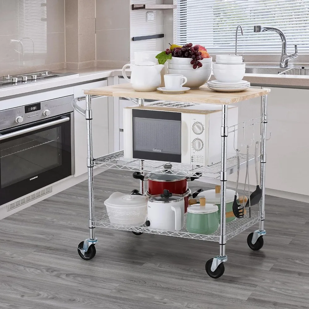 

3-Tier Rolling Kitchen Cart with Hooks, Oak Wood Tabletop, Microwave Cart, Coffee Cart, Dining Room, Free Shipping