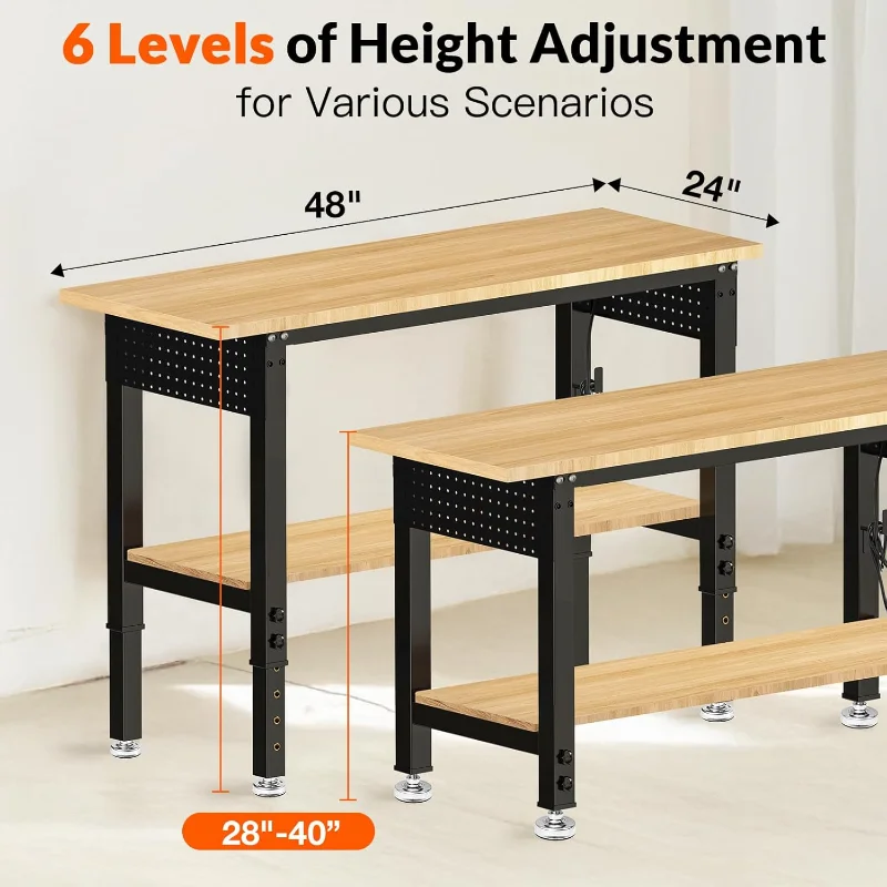 48“ Adjustable Height Workbench Work Bench for Garage Work Table with Under Table Shelf Heavy Duty Rubber Wood Top