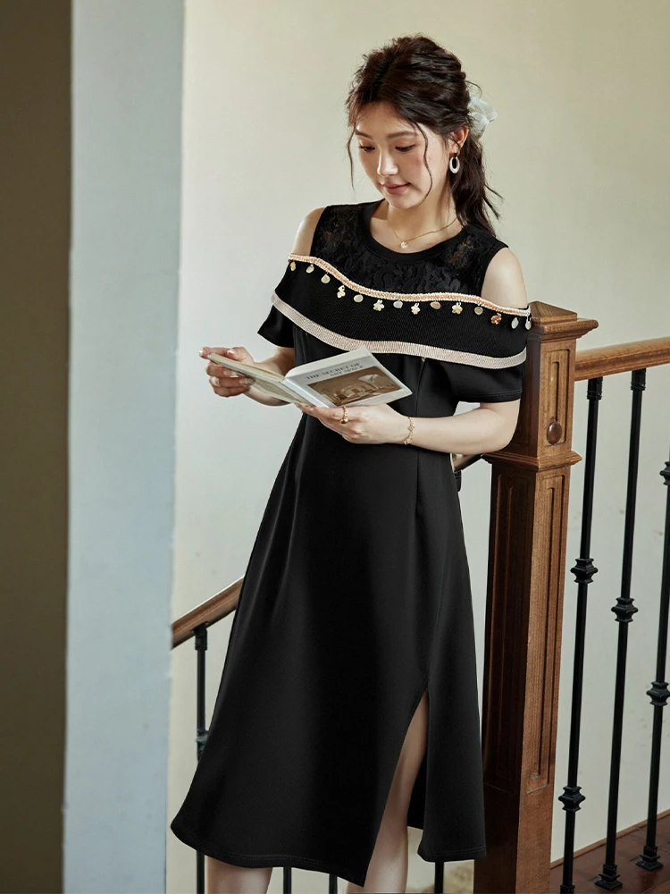 Abito da Damigella Taglie Forti per Donna, Nuovo Design Estivo, Linea A in Pizzo, Spalle Scoperte, Vita Alta, in Fibra di Poliestere, Lunghezza Midi...