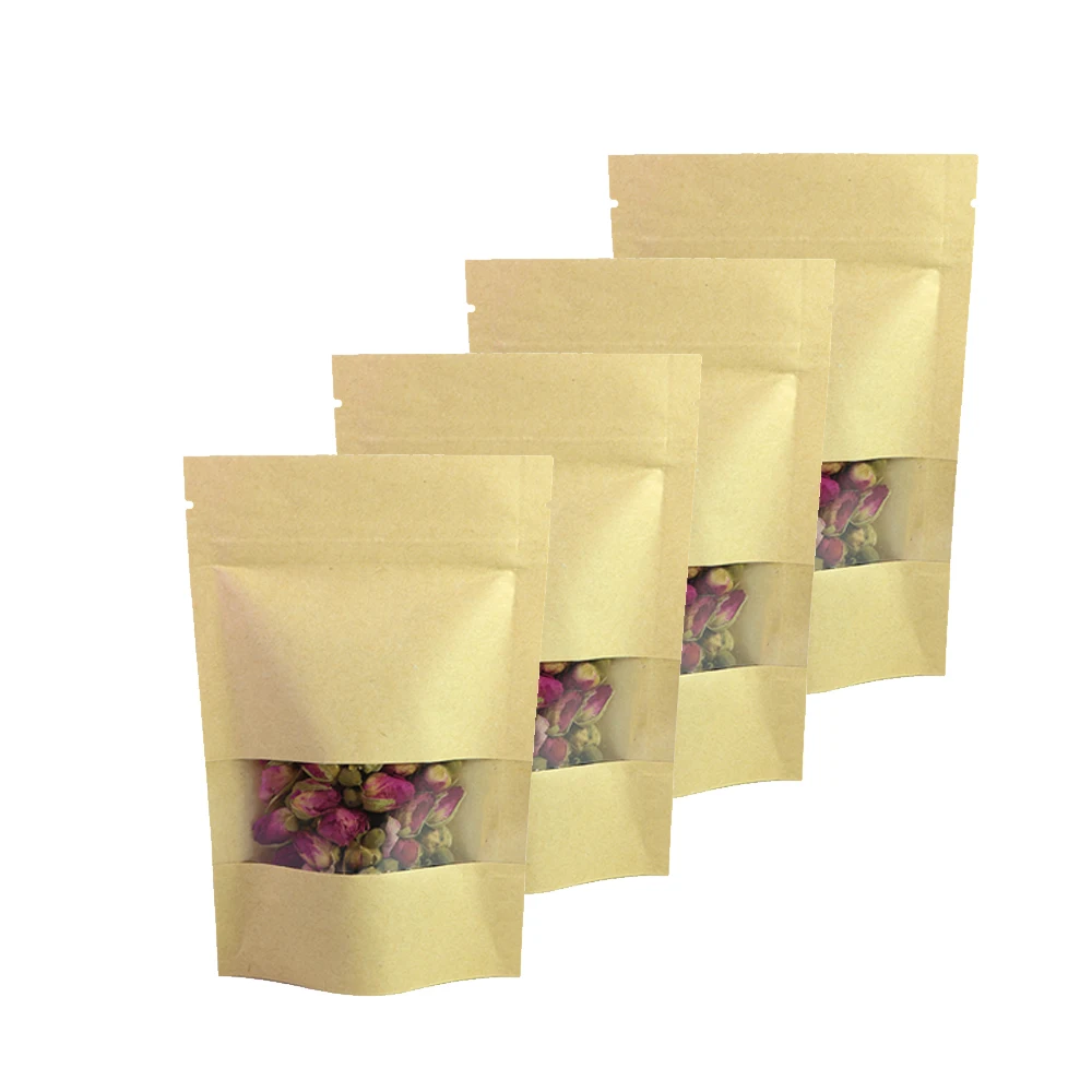 

100Pcs 9x14cm 10x15cm Kraft Ziplock Stand Up Bags Clear Window Food Safe Small Brown Paper Pouch for Tea Coffee Packaging