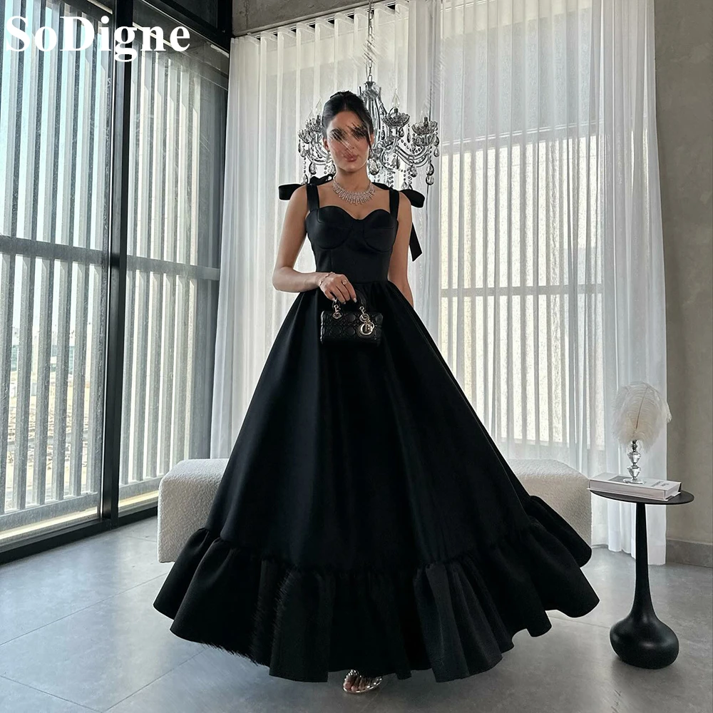 

SoDigne Elegant Black Evening Dresses Sweetheart A-Line Bow Straps Ruffles Pleated Party Dress 2024 Formal Occasion Prom Gowns