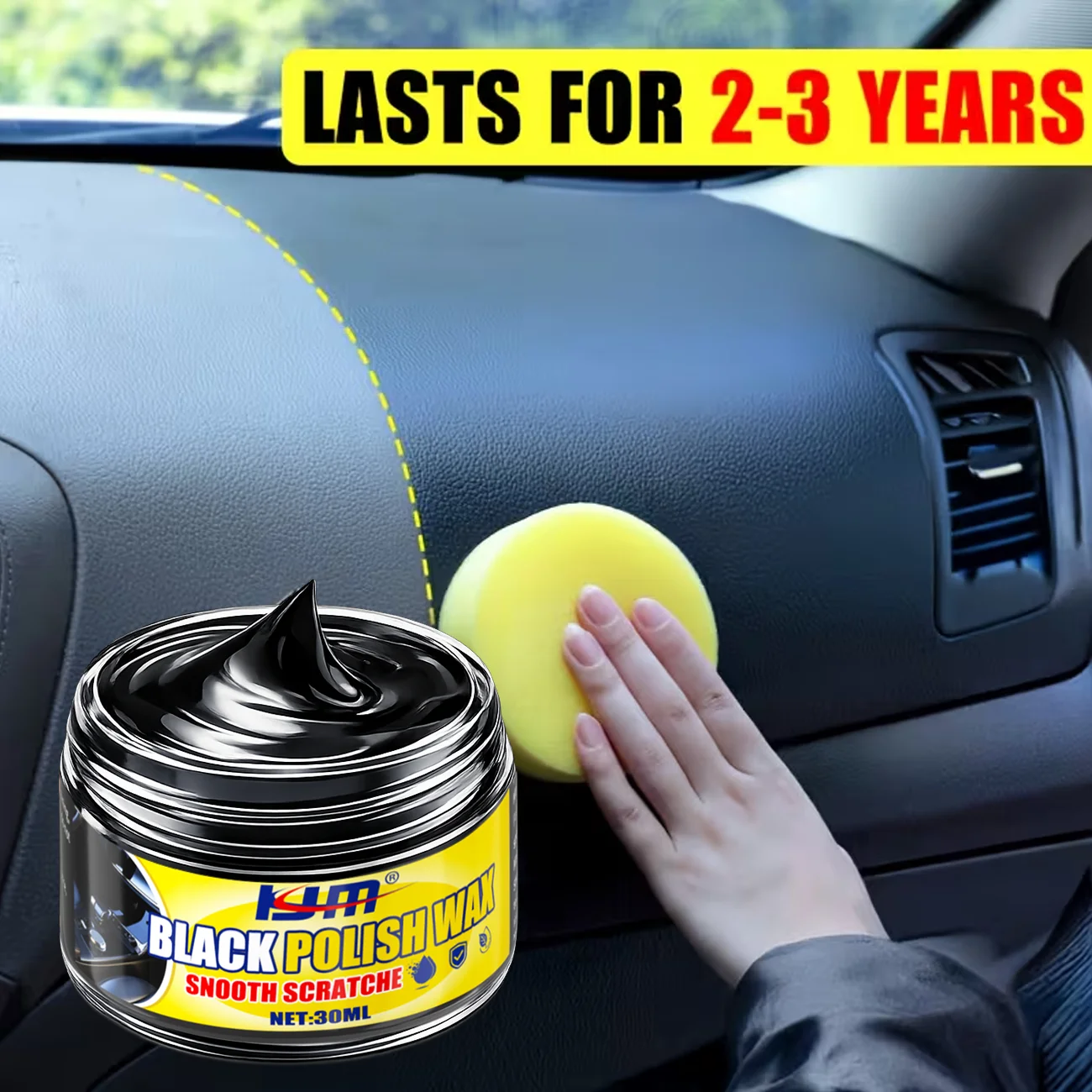 KJM Professional Black Polish Wax - Smooths Scratches, Restores Double Black Shine, 2-3 Years Long-Lasting for Car Interiors