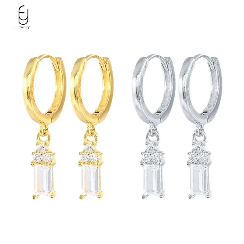 

925 Sterling Silver Ear Needle Square White Zircon Pendant Earrings Fashion Geometric Hoop Earrings for Women Fine Jewelry Gift