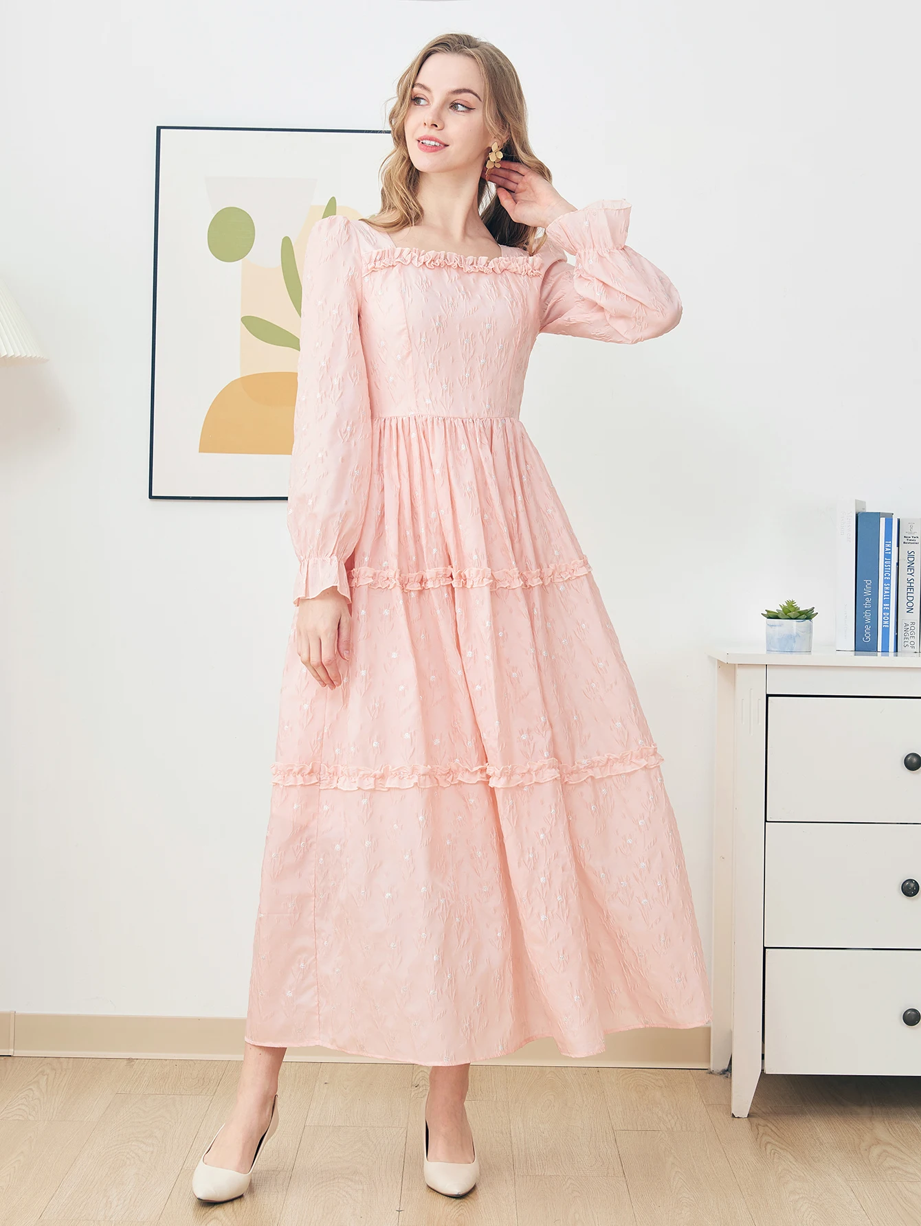 

DEVCHATA Elegant Women Jacquard Fashion Long Maxi Dress Pink Floral Ruffle Hem Casual Vacation Female Outfit Lady Evening Dress