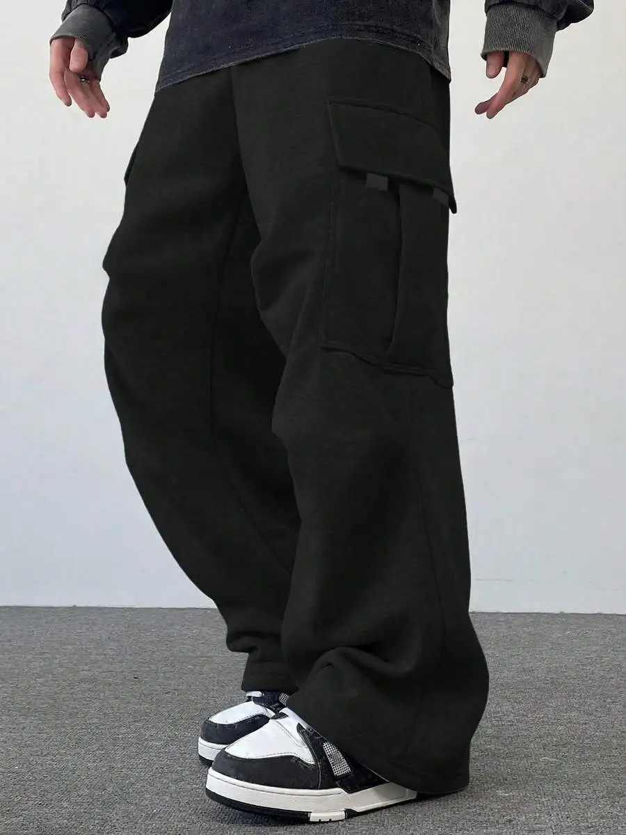 

Мужские свободные флисовые брюки-карго с боковыми карманами, теплые, из плотного трикотажа, прямого кроя, для осени и зимы