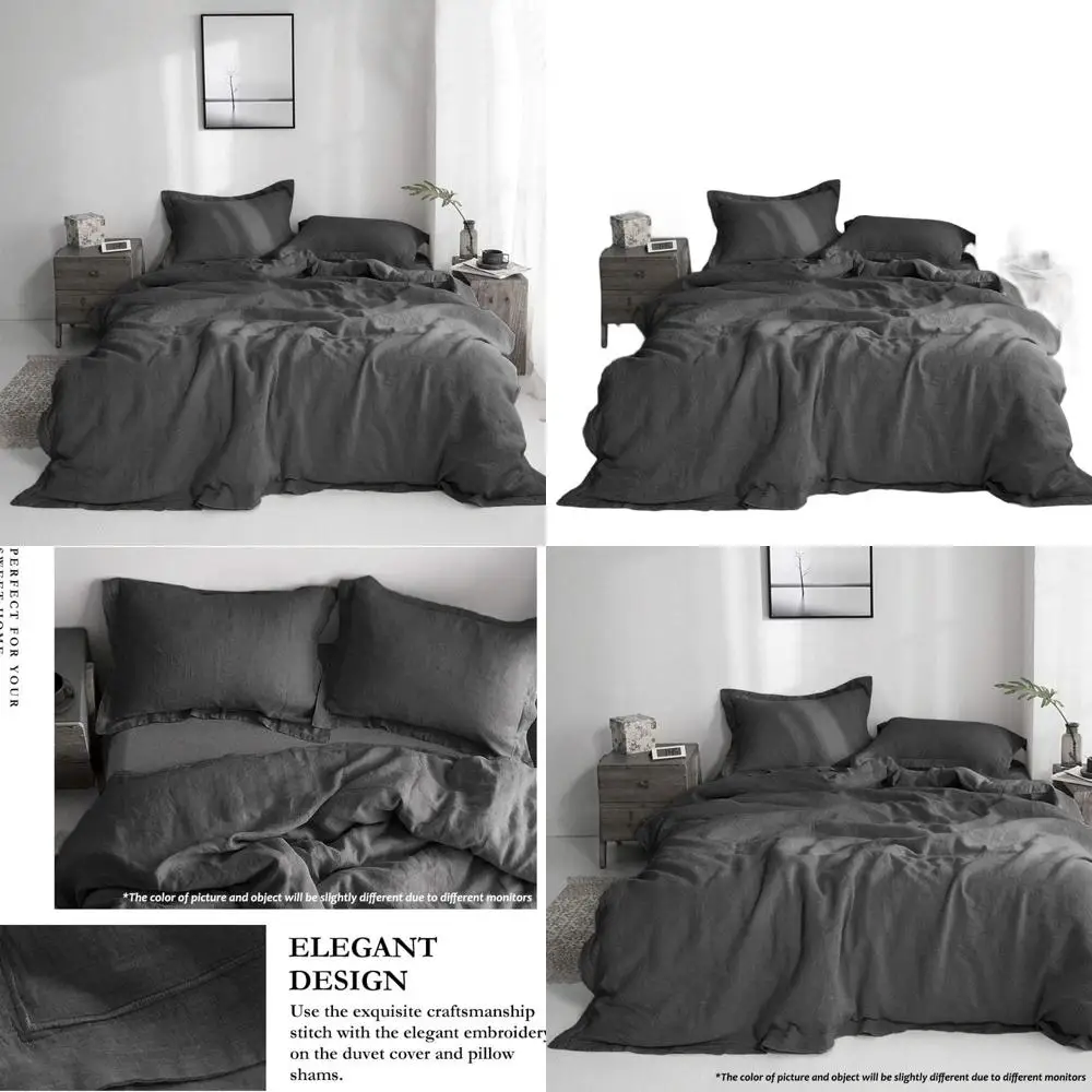 طقم غطاء لحاف من الكتان بحافة مطرزة - 3 قطع (غطاء واحد + 2 شمس)، زر إغلاق، مسامي، نمط المزرعة، رمادي داكن #1