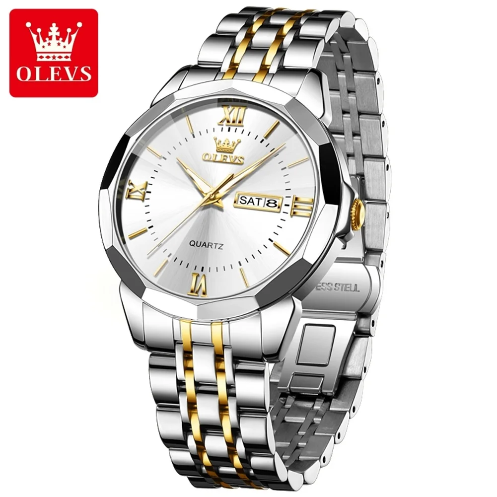 OLEVS 9989 Luxury Watches for Men Date Week Display Original Solid Steel Strap Luminous Waterproof Simple Quartz Man Wristwatch