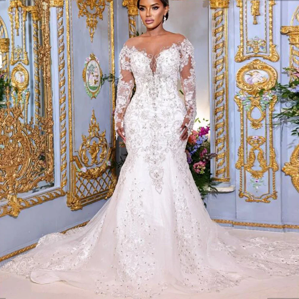 

Роскошные арабские свадебные платья русалки по индивидуальному заказу с иллюзией и жемчужным вырезом, аппликации, хрустальные бусины, свадебные платья с длинными рукавами, большие размеры