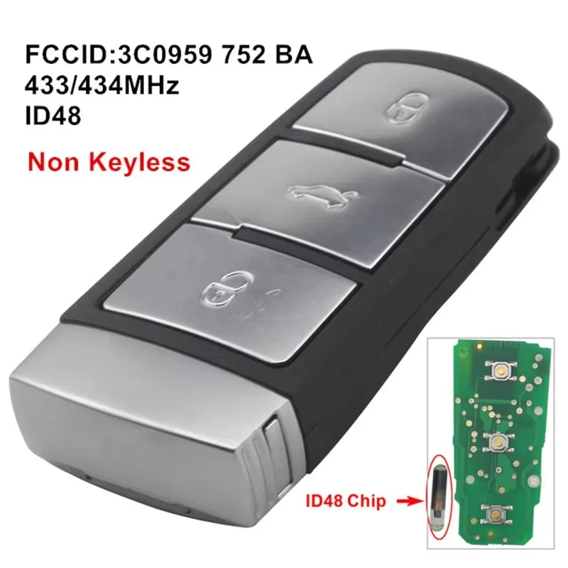 

3 Button 433MHz Keyless Uncut Flip Smart Car Remote Key Fob with ID48 Chip 3C0959752BA/BG for VW Passat CC Passat Magotan