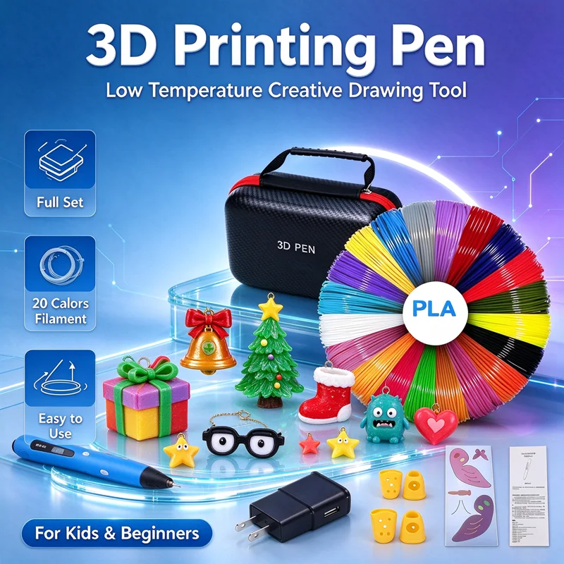 Kids 3D Printing Pen Set with LCD Display, Safe Low Temp PLA Filament, Creative DIY Toy, Christmas Birthday Gift for Boys & Girl