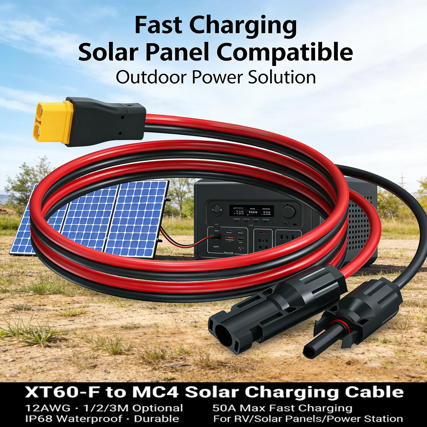 

Удлинительный кабель для солнечных панелей 12AWG XT60 1м/2м/3м – луженая медь, IP68, для солнечных батарей, автодомов, грузовиков, лодок
