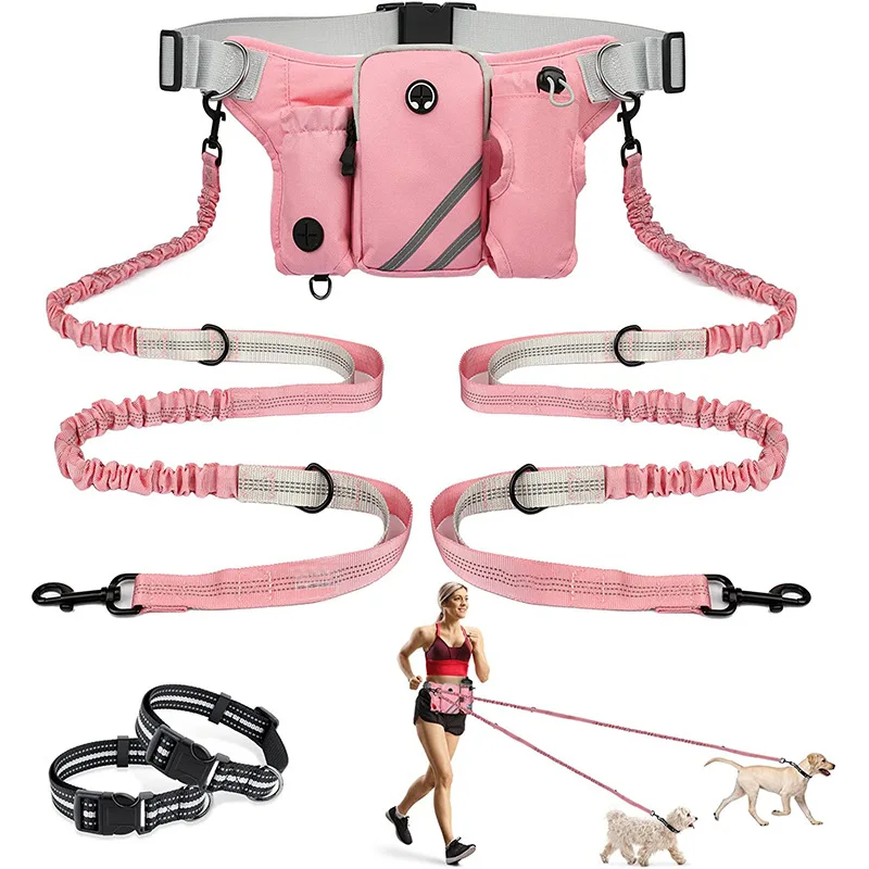 

Reflective Stitching Adjustable Waist Belt Retractable Hands Free Dog Leash With Dual Bungees For 2 Dogs