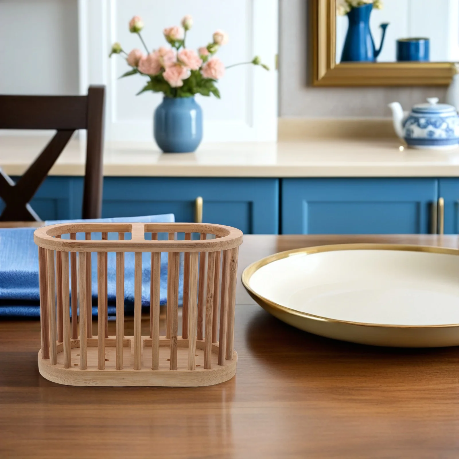 

Bamboo Utensil Holder with Hollow Design for Quick Drying - Kitchen Countertop Cutlery Organizer Storage Basket for Spoons