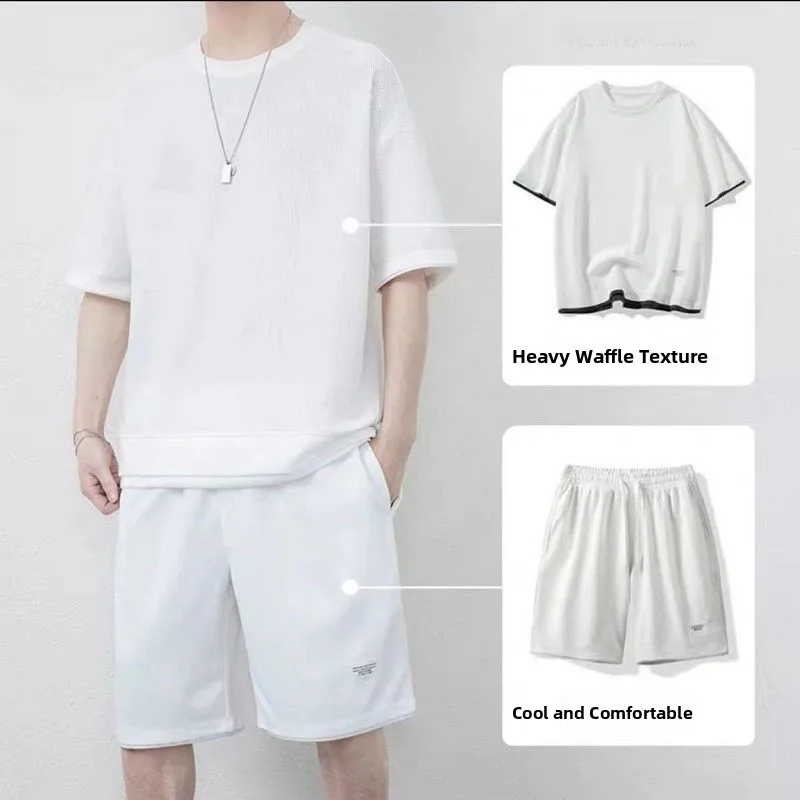 

Casual Ice Silk ort Sve T-irt Men's Set Sportswear Youth Polyester Fiber Five-Quarter Pants Summer Leisure Outfit