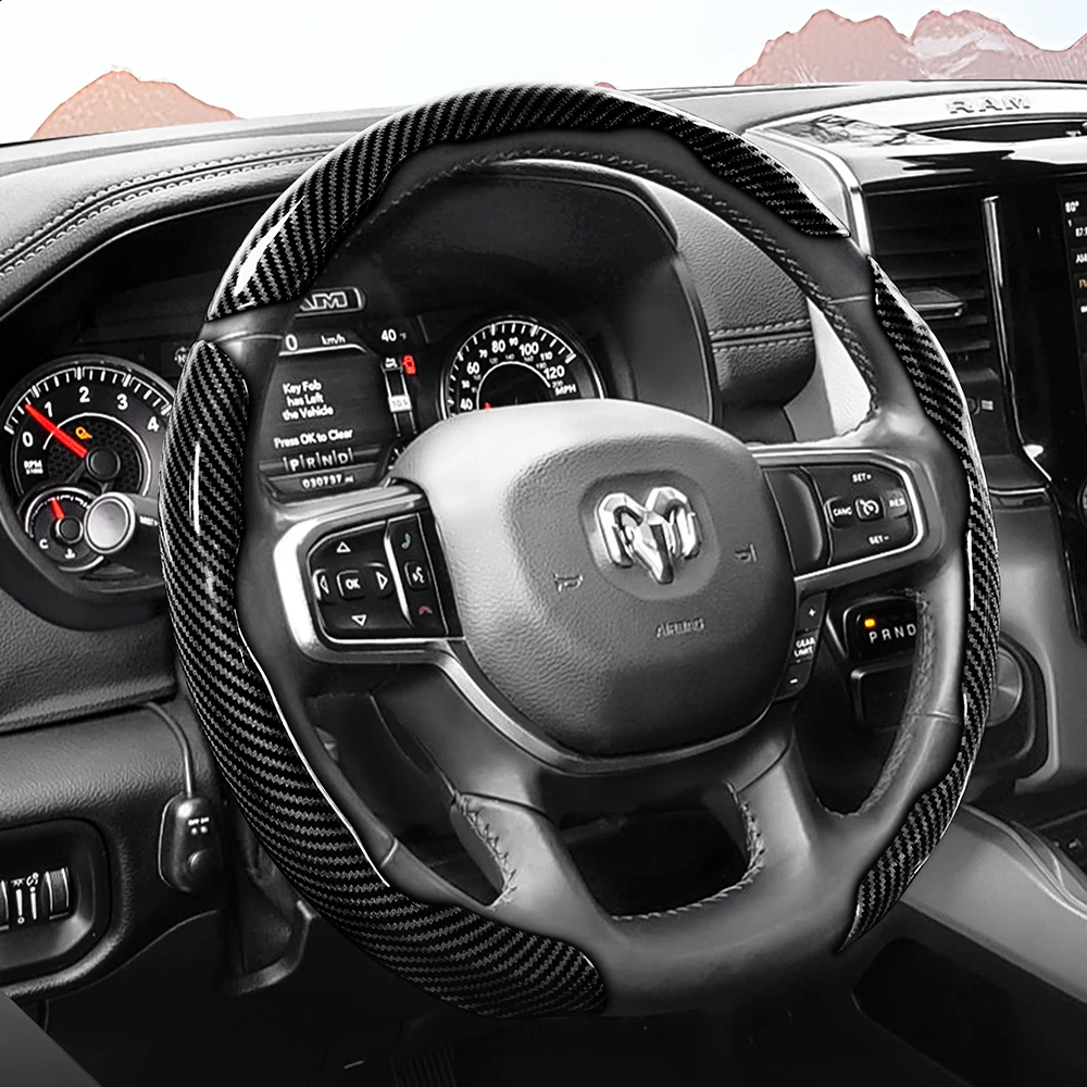 Cubierta de Volante con Textura de Fibra de Carbono Brillante, Compatible con Ram Sporty, Protectora, Ajustable, para Pickup Promaster Rampage 1500 2500 3500 4000 4500 5500 700 1000, Accesorios Interiores Negros para A