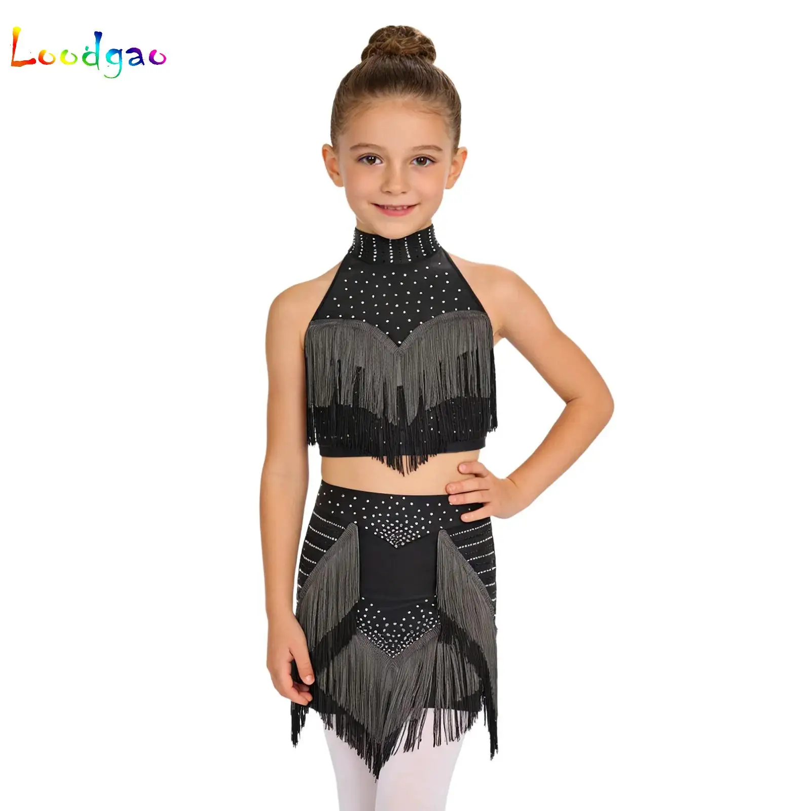Kids Girls Rhinestone Tassel Latin Salsa Samba Dance Outfit Performance Costume Backless Crop Top with Skirt Leotard Dress