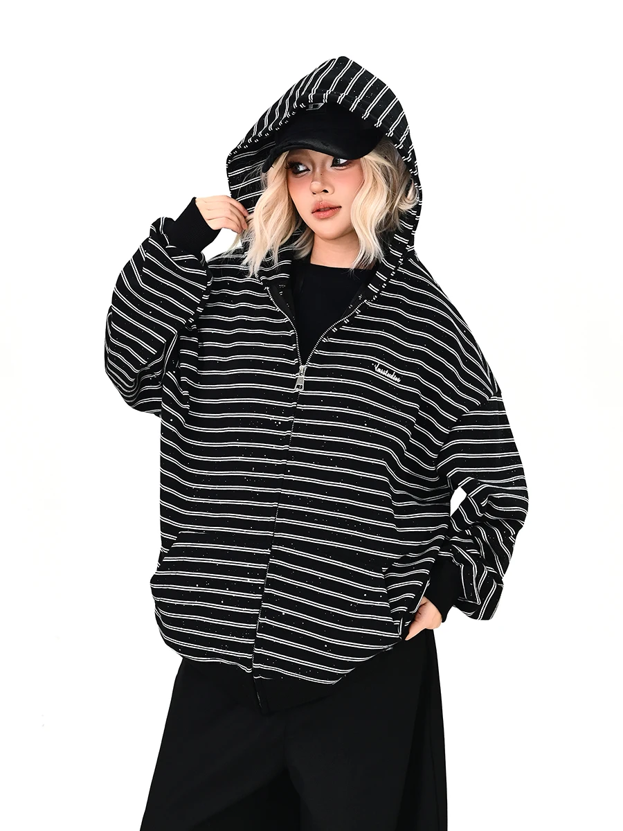 

Striped Hooded Cardigan Sweatirt Women's Loose BF American Lazy Sle Spring 2026 Couple Outerwear Casual Streetwear