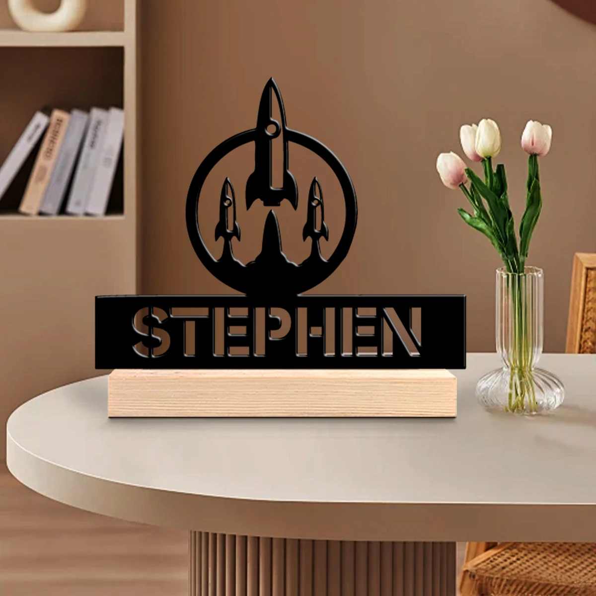 1pc Customizable Metal Desktop Ornaments Custom Name With Wooden Base Housewarming Gift,Metal Ornament Decoration