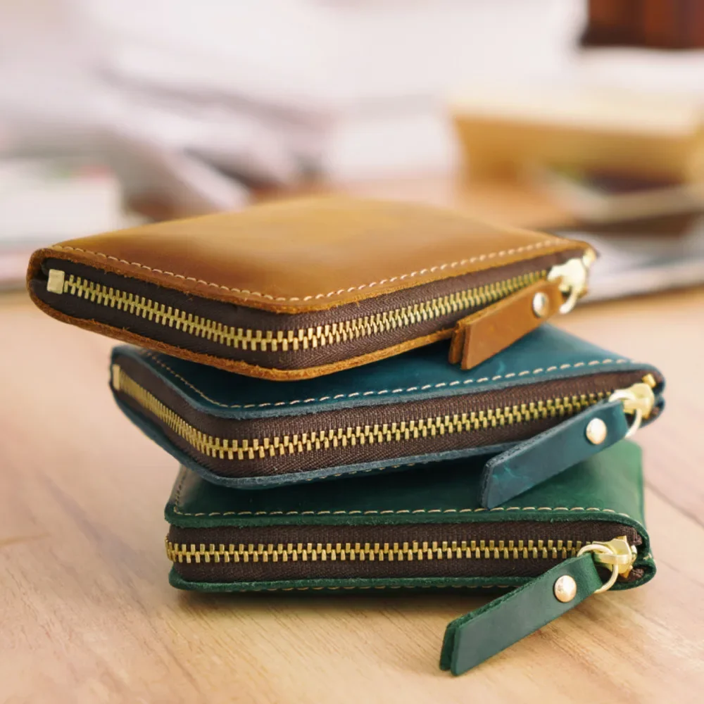 Natural Leather Credit ID Card Holder Vintage Fashion Coin Purse Small Wallet Clutch Zipper Clamp For Money Short Wallet Unisex