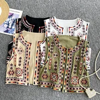 Chaleco abierto recortado con bordado a la moda para mujer, prendas de vestir exteriores sin mangas con cuello redondo vintage para mujer, tops elegantes