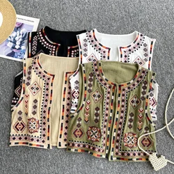 Women fashion embroidery cropped open waistcoat vintage o neck sleeveless female outerwear chic vest tops