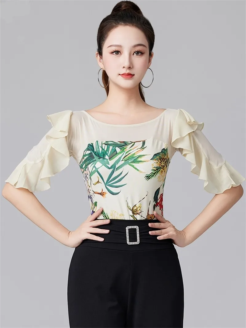 Flowers Ballroom Standard Tops Women Dance Street Birthday Classical Mesh Patchwork Latin Pants Ruffle Stage Costume Clothing