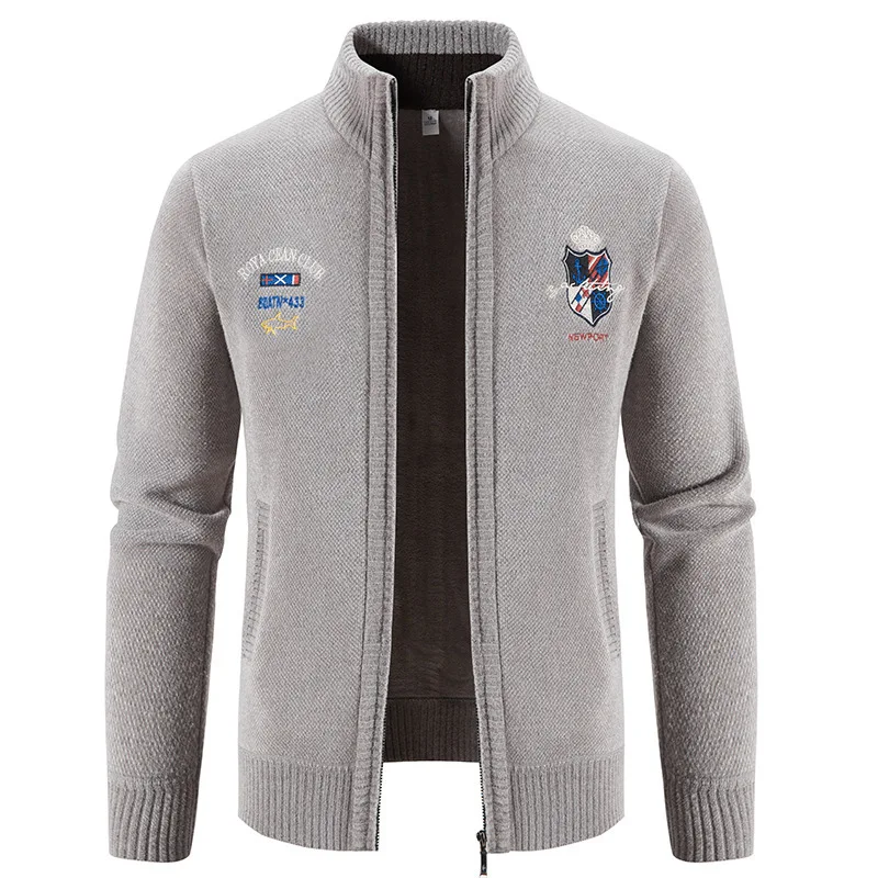 

Men's Knitwear Autumn and Winter New Embroidered Cardigan Sweater Plus Velvet Thickened Stand Collar Coat Jacket