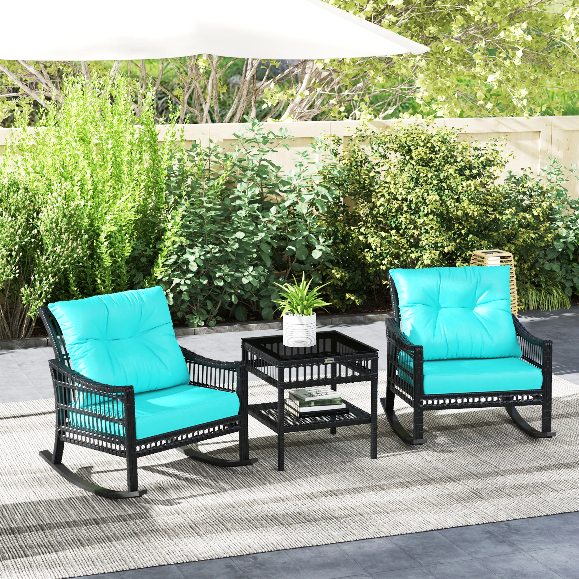 3 Pieces Pe Rattan Rocking Chair Set for Outdoor, Turquoise