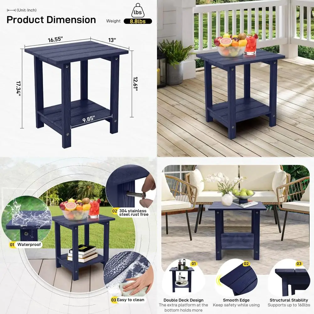 Mesa Auxiliar Doble Adirondack Pequeña Resistente a la Intemperie, 17, para Patio Exterior, Piscina, Terraza, Porche, Azul Oscuro