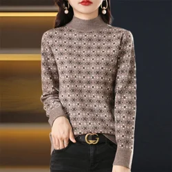 Suéter Vintage de Cuello medio alto para mujer, Jersey de punto de manga larga coreano, Tops versátiles e informales, moda de otoño e invierno