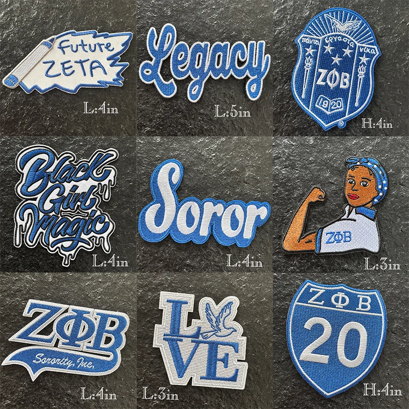 Serises Stock Blue & White Embroidery Sorority Zeta Phi Beta 1920 Soror Zeta Crest Round Zeta Hand Sign Iron Patch for Jackets
