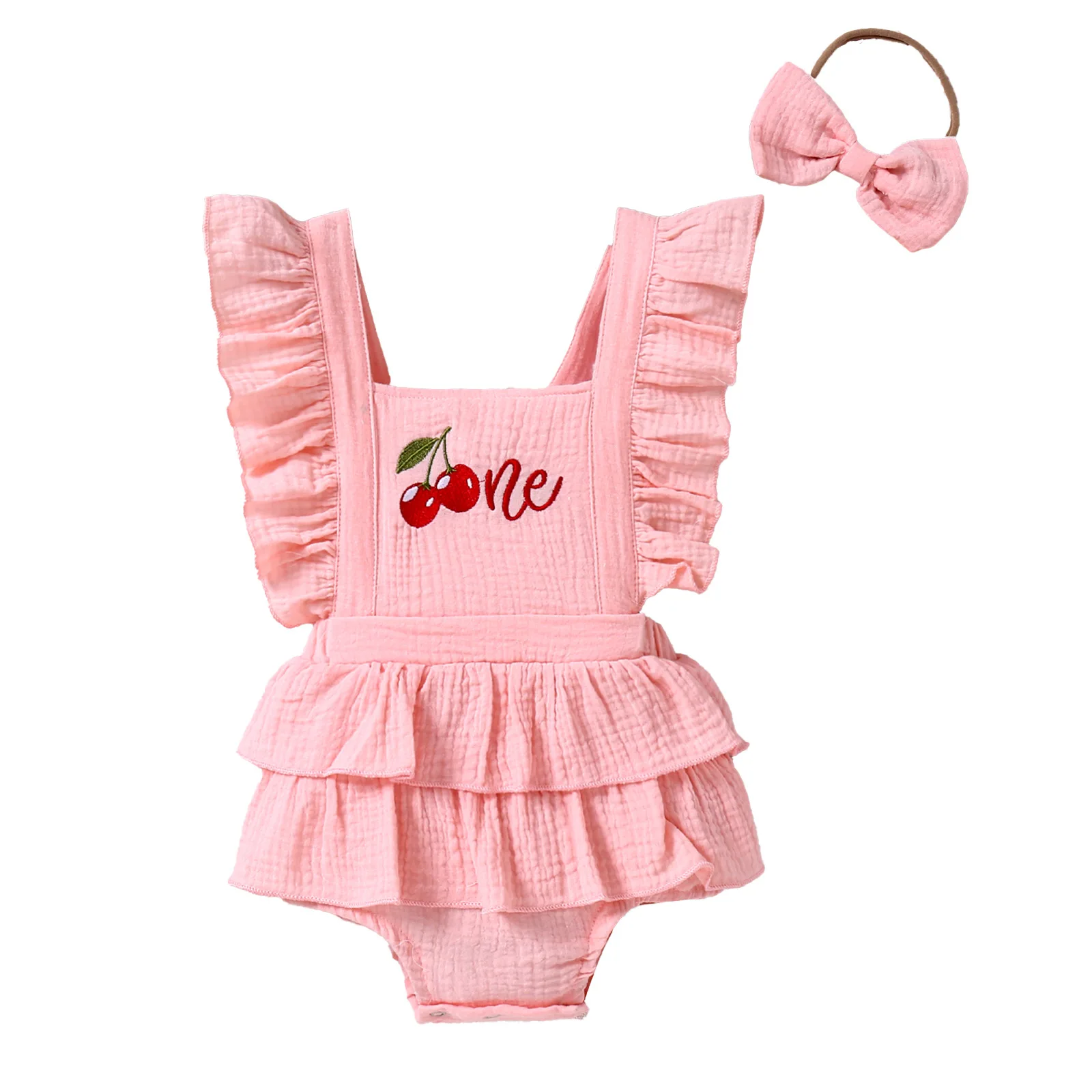 Baby Climbing Suit Sweet Cute Pink Flying Sleeves Cherry Strawberry Letter Embroidered Skirt Climbing Suit Newborn Girl Romper