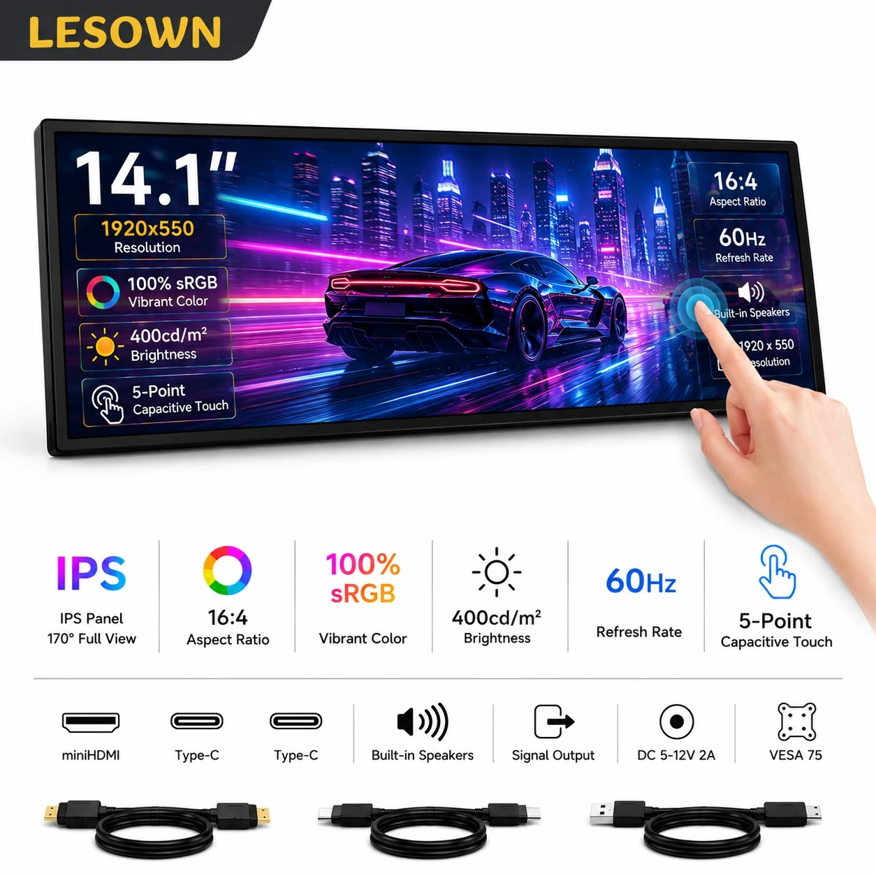 LESOWN 14.1" Slim Portable Monitor 400cd/m2 Brightness External Screen with VESA Mount Plug & Play for Laptop