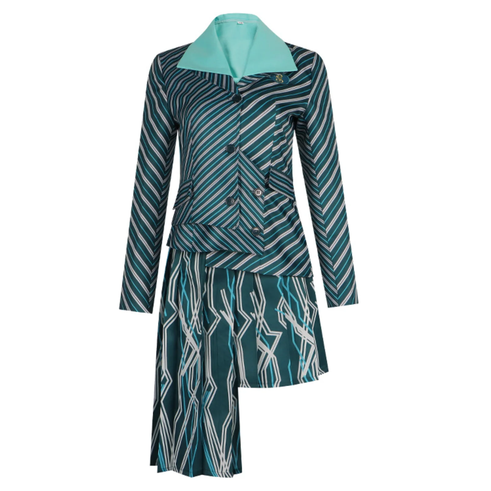 Kostum Cosplay ShenShen Gaun Mantel Kemeja Bergaris Hijau Set Lengkap untuk Pesta Natal Halloween