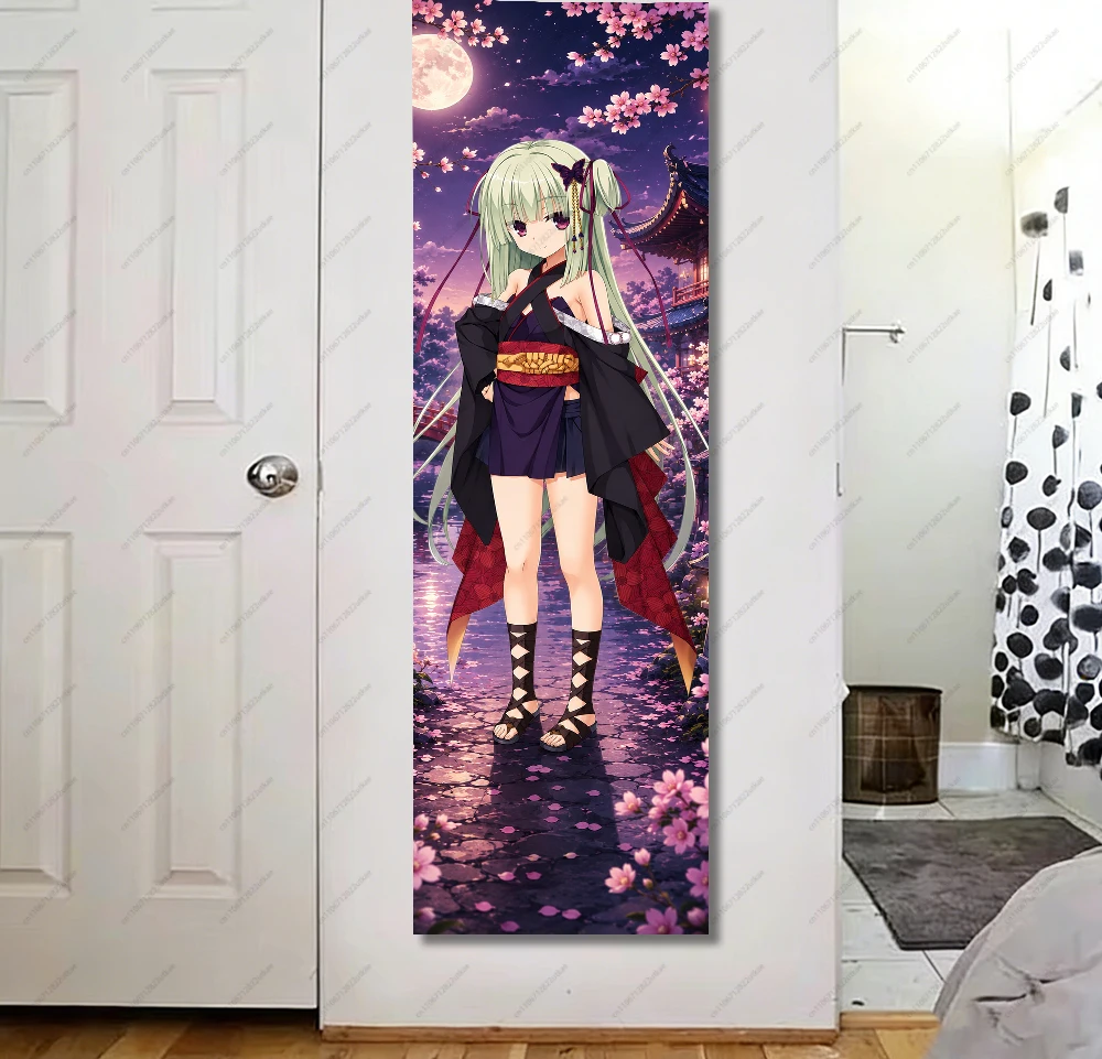 Anime Girl Kimono Tapestry, Sakura Moon Night Fabric, Long Vertical Tapestry for Bedroom Dorm Living Room, Aesthetic Japanese