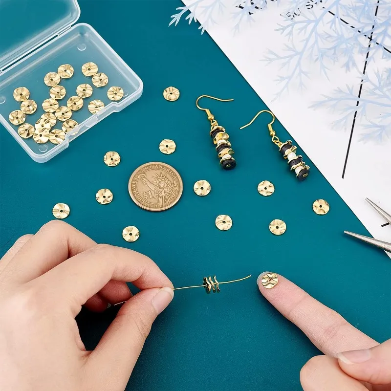 18K Gold Plated Spacer Beads 50pcs Flat Round Loose Beads Brass Wavy Disc Beads for DIY Bracelets Necklaces Earrings Jewelry