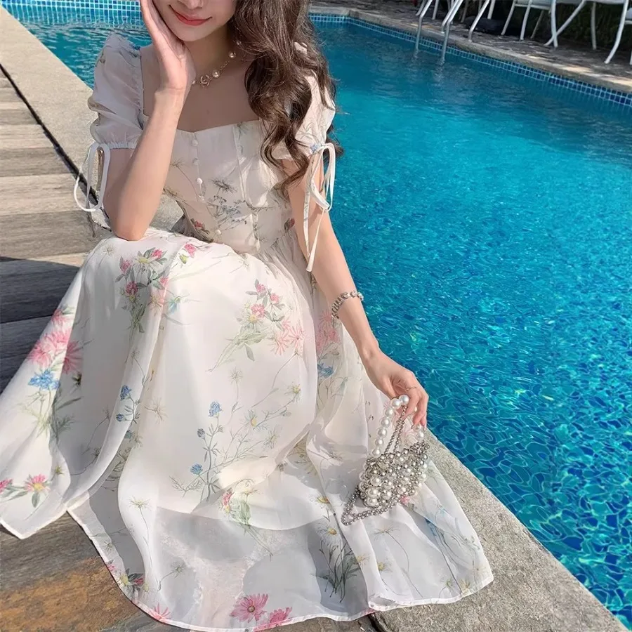 

【New style】French floral dress, women's summer square collar, temperament, socialite, small, fresh, sweet and slimming tea brea