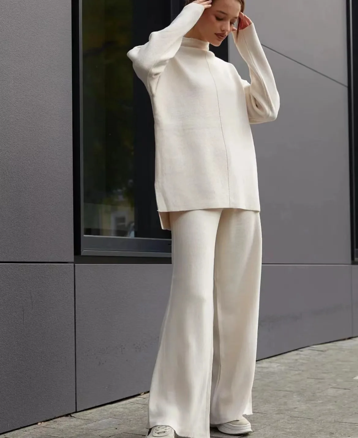 Fall/winter Simple Long Sleeve Loose Casual Sweater Knitted Top Pants Wide Leg Pants Two-Piece Suit