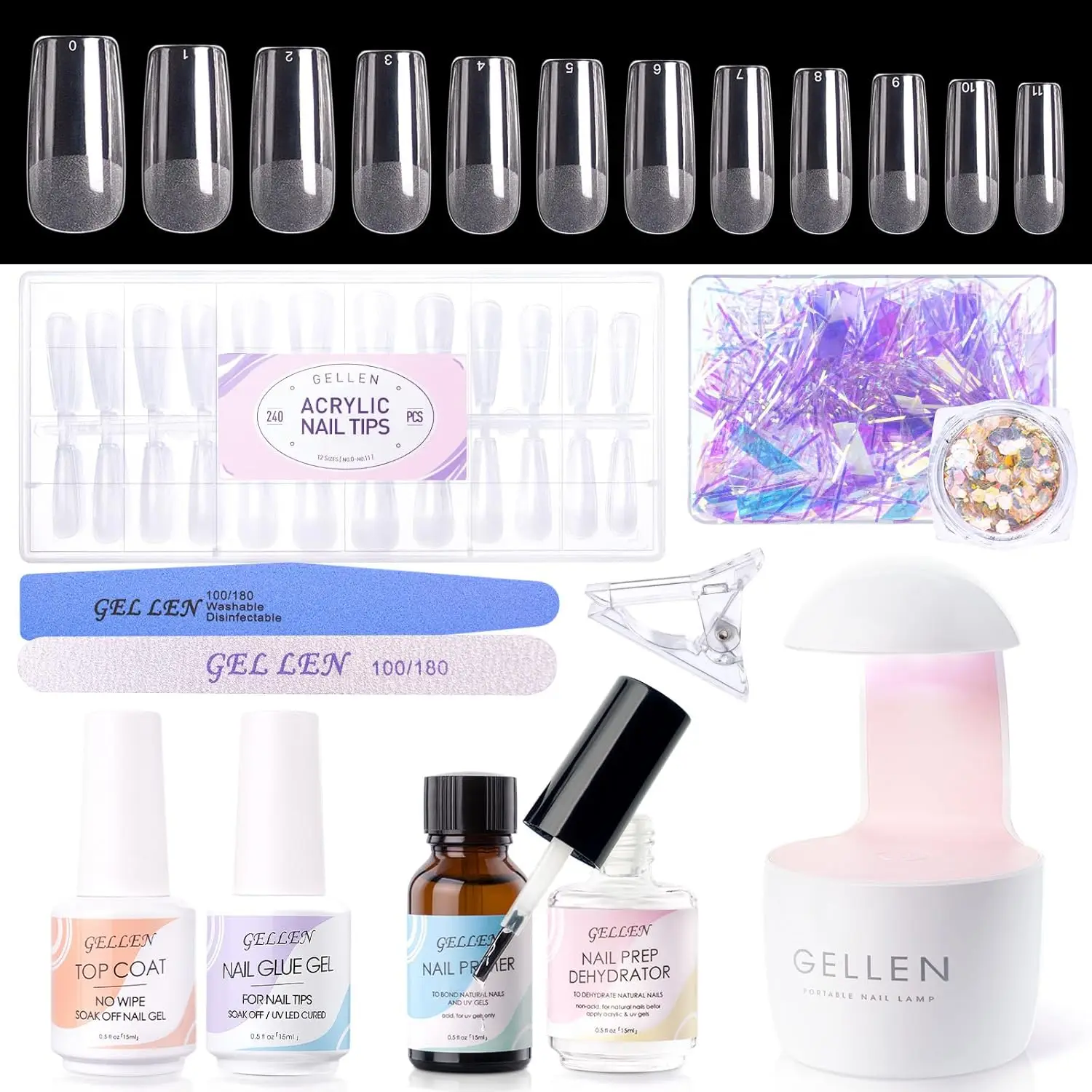 GELLEN Square Acrylic Nail Tips Extension Kit 240Pcs Professional Gel Top Base Coat Primer Dehydrator Nail Glue for Nail Art Manicure Set Home Salon DIY