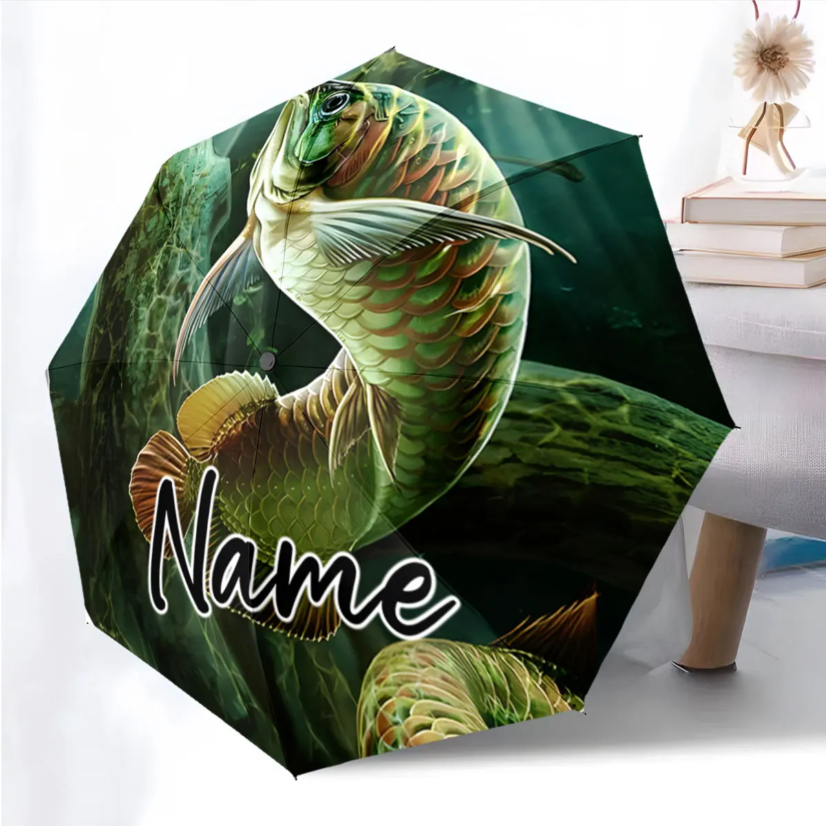 Custom Name Unique Fish Design Umbrella for Stylish Rainy Days Print 8 Iron Ribs Folding Umbrella Auto-Open Fashion Sunshade