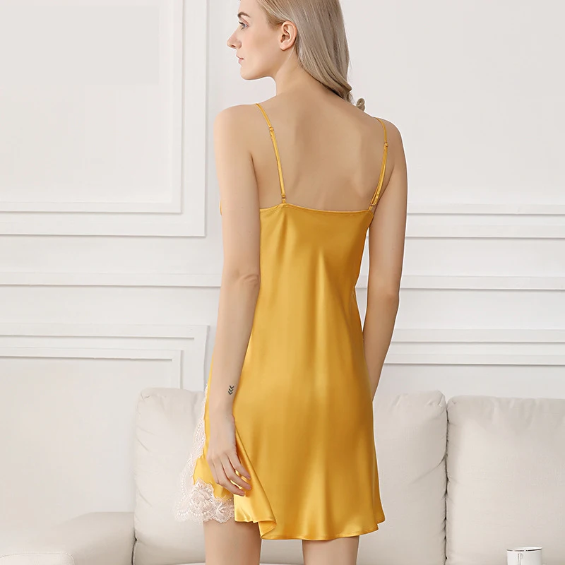 Women's 19MM 100% Mulberry Silk Sleepwear, Sexy Solid Color Lace Trim Camisole Nightgown, Thin Summer Silk Slip Dress
