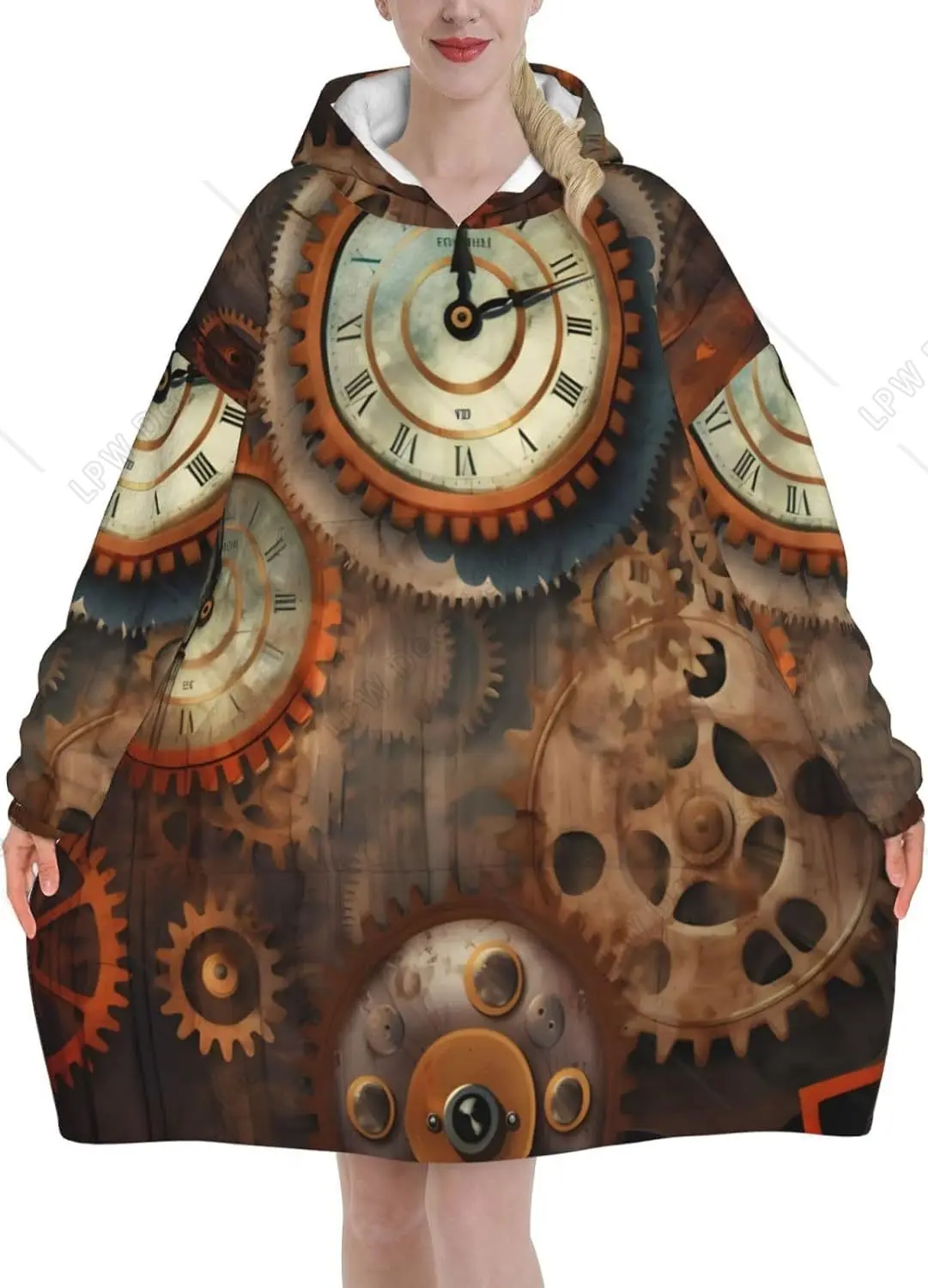 

Clocks And Gears Wearable Blanket Hoodie For Women Soft Warm Blanket Flannel Hooded Sweatshirt With Pocket