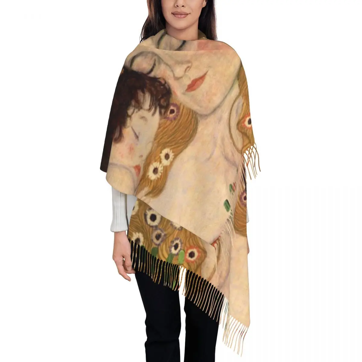 Ladies Large The Three Ages Of Woman Scarves Women Winter Soft Warm Tassel Shawl Wraps Gustav Klimt Painting Art Scarf