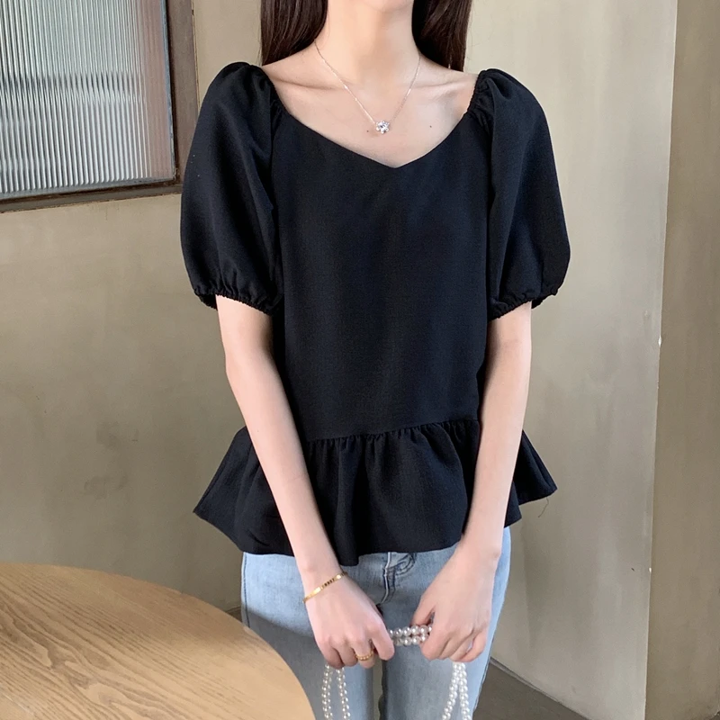 

Summer Women's Solid V-Neck Shirring Folds Ruffles Pullover Puff Short Sleeve Casual T-shirt Fashion Elegant Preppy Style Tops