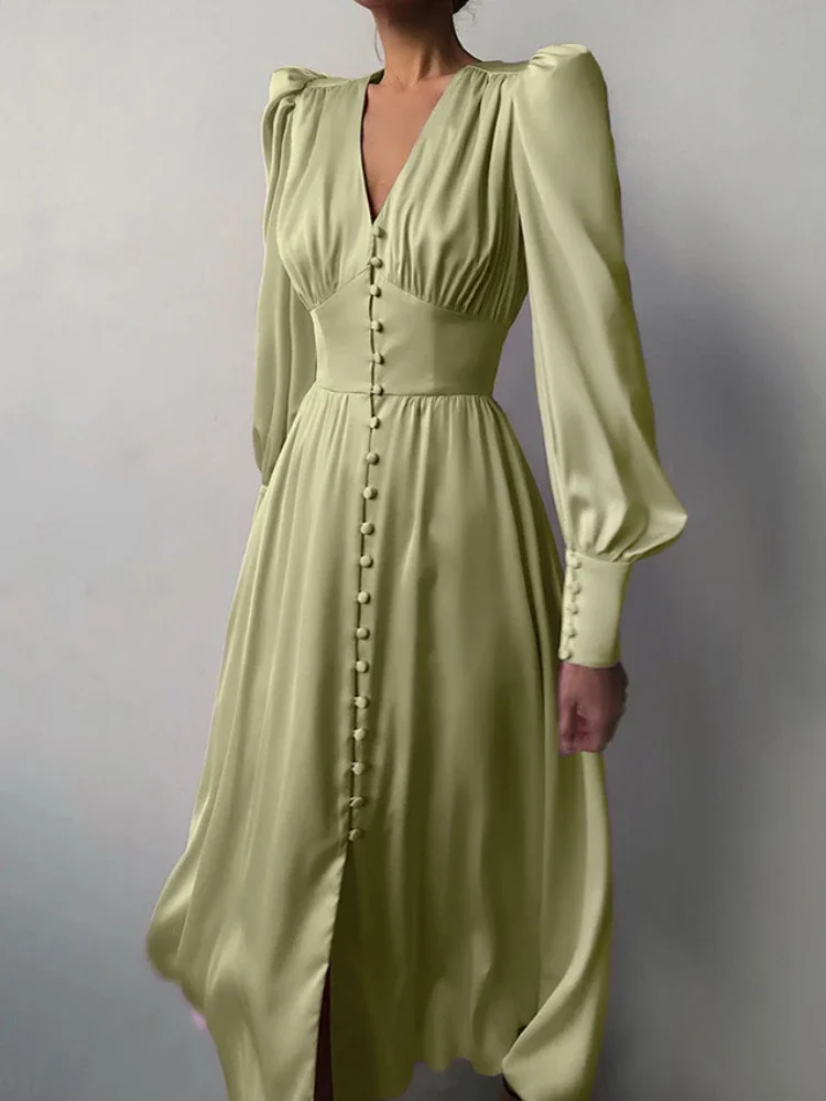 エレガントなファッションシングルブレストドレス女性のためのパーティーローブハイウエストサテンロングドレスセクシーなランタンスリーブシックなミディドレス