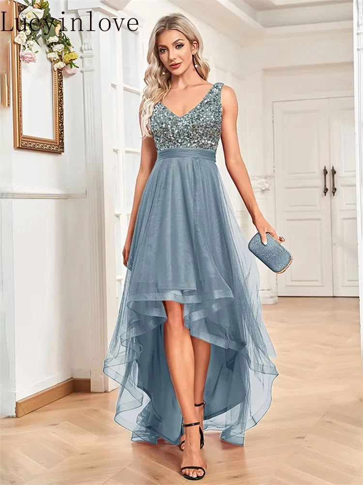 

Lucyinlove Elegant V-Neck Sleeveless Sequin Floor Length Evening Dress Long 2025 Luxury Party Cocktail Dress Blue Prom