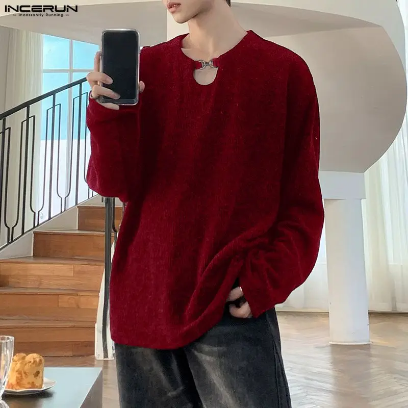

INCERUN мужской свитер однотонный вязаный мужской пуловер с круглым вырезом и длинными рукавами уличная одежда в корейском стиле модная повседневная мужская одежда