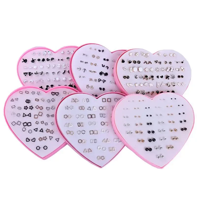 Charming Wholesale Set of 36 Pairs Plastic Peach Heart Rhinestone Ear Studs with Beautiful Gift Box for Girls' Gifts-ER230616