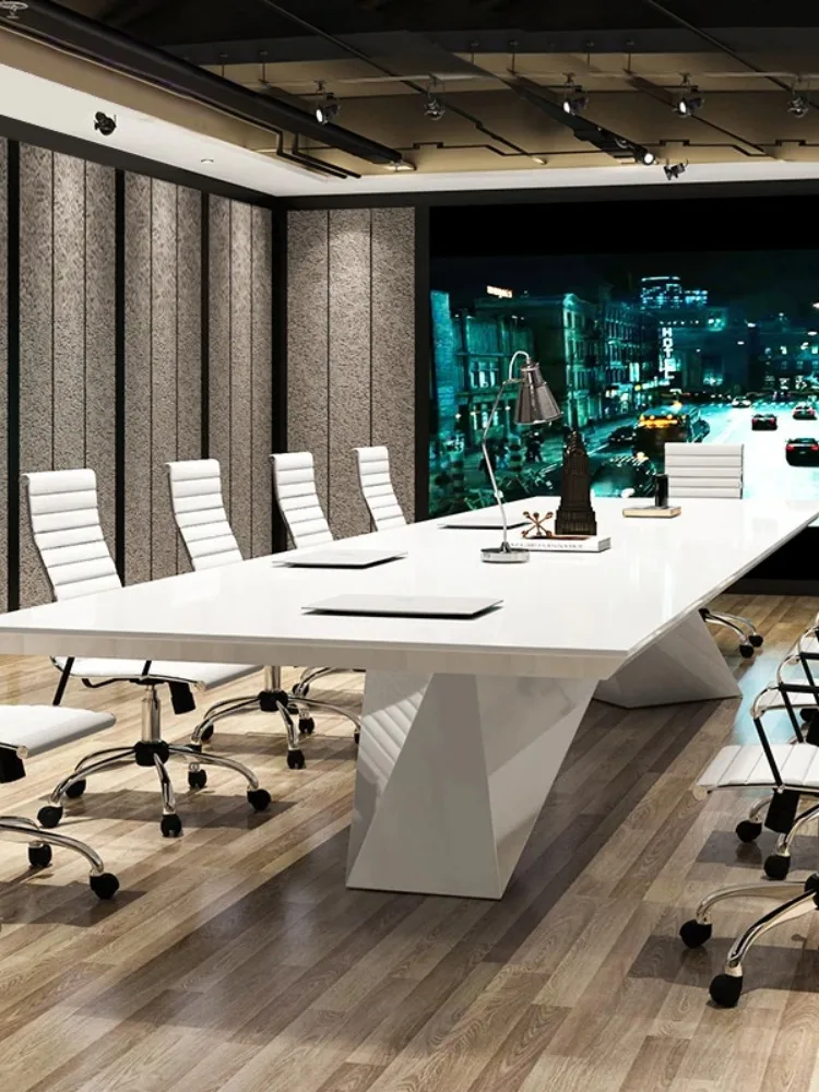 White painted minimalist modern large office strip conference table and chair combination